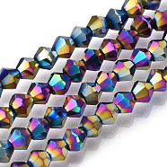 Electroplate Glass Bead Strands, Rainbow Plated, Faceted Bicone, Multi-color Plated, 4x4.5mm, Hole: 1mm, 92~96pcs/strand, 13.78~14.37 inch(X-EGLA-R094-4mm-02)