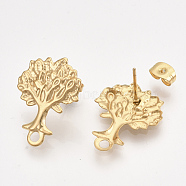 304 Stainless Steel Stud Earring Findings, with Loop and Ear Nuts/Earring Backs, Tree, Golden, 22x17mm, Hole: 2mm, Pin: 0.8mm(X-STAS-T045-18G)