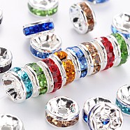 Brass Rhinestone Spacer Beads, Grade AAA, Straight Flange, Nickel Free, Silver Color Plated, Rondelle, Mixed Color, 7x3.2mm, Hole: 1.2mm(RB-A014-Z7mm-S-NF)