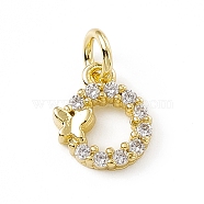 Brass Micro Pave Clear Cubic Zirconia Charms, with Open Jump Rings, Flat Round with Butterfly, Real 18K Gold Plated, 9.5x8x2mm, Jump Ring: 4.5x0.7mm, Inner Diameter: 3mm (ZIRC-F132-55G)