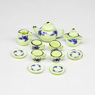 Porcelain Miniature Teapot Cup Set Ornaments, Micro Landscape Garden Dollhouse Accessories, Pretending Prop Decorations, Green Yellow, 20mm, 11Pcs/set(PORC-PW0001-053C)