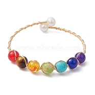 Natural & Synthetic Mixed Stone & Pearl Beaded Bangle, Brass Cuff Bangles, Light Gold, Inner Diameter: 2-1/4 inch(5.8cm)(BJEW-JB09646)