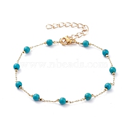 Round Synthetic Turquoise(Dyed) Beaded Bracelets, with Brass Cable Chains and 304 Stainless Steel Lobster Claw Clasps, Golden, Dark Cyan, 7-5/8 inch(19.3cm)(BJEW-JB05274-01)