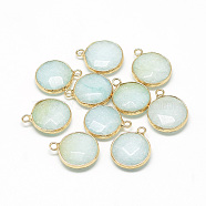 Natural Amazonite Pendants, with Brass Findings, Faceted, Flat Round, Golden, Light Cyan, 19~21x15~16x6~7mm, Hole: 2mm(G-Q964-08G)