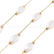 Ion Plating(IP) 304 Stainless Steel Paperclip Chains, Soldered, with ABS Imitation Pearl Beads, Oval, Real 18K Gold Plated, 10x6.5x3.5mm, about 16.40 Feet(5m)/Roll(CHS-P018-03F-G)