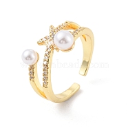 Clear Cubic Zirconia Star Open Cuff Ring with Plastic Pearl Beaded, Rack Plating Brass Jewelry for Women, Cadmium Free & Lead Free, Real 18K Gold Plated, US Size 7 1/4(17.5mm)(RJEW-C058-01G)