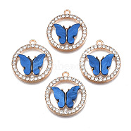 Alloy Rhinestone Pendants, with Acrylic, Cadmium Free & Lead Free, Ring with Butterfly, Light Gold, Blue, 24.5x22x3.5mm, Hole: 1.6mm(X1-PALLOY-S183-001B-RS)