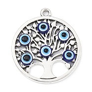 Alloy Pendants, Tree of Life with Resin Evil Eye Charms, Antique Silver, Flat Round, 38x34x5mm, Hole: 2.5mm(PALLOY-JF02405-03)