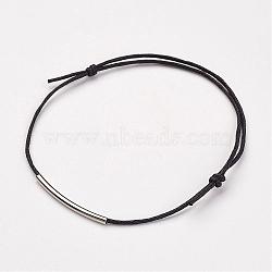 Waxed Cotton Cord Bracelets, with Brass Tube Beads, Black, 1-3/4 inch~3-3/8 inch(44.5~85mm)(BJEW-JB02748-04)