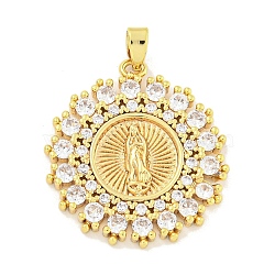 Rack Plating Brass Clear Cubic Zirconia Pendants, Long-Lasting Plated, Lead Free & Cadmium Free, Flower with Virgin Mary, Real 18K Gold Plated, 25x23x2.5mm, Hole: 5mm(KK-M291-13G)