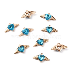 Zinc Alloy Rhinestone Pendants, Heart Charms with Wings, Golden, Aquamarine, 13.5x24.5x5mm, Hole: 1.8mm(ALRI-TAC0003-24G)