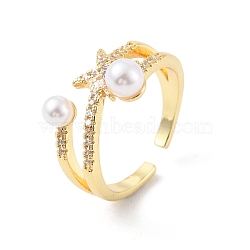 Clear Cubic Zirconia Star Open Cuff Ring with Plastic Pearl Beaded, Rack Plating Brass Jewelry for Women, Cadmium Free & Lead Free, Real 18K Gold Plated, US Size 7 1/4(17.5mm)(RJEW-C058-01G)