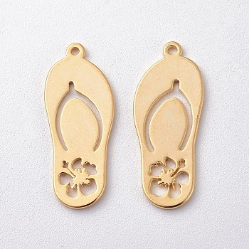 Brass Pendants, Slipper with Flower, Nickel Free, Real 18K Gold Plated, 23x9.5x1mm, Hole: 1mm