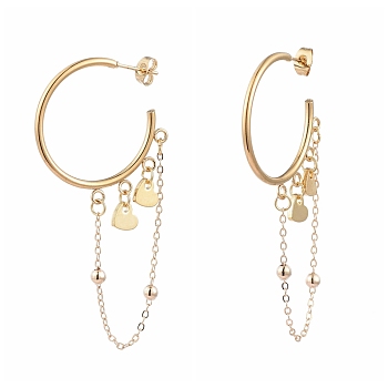 304 Stainless Steel Dangle Stud Earrings, Half Hoop Earrings, with Ear Nuts and Brass Cable Chains, Heart, Golden, 68x33mm, Pin: 0.8mm