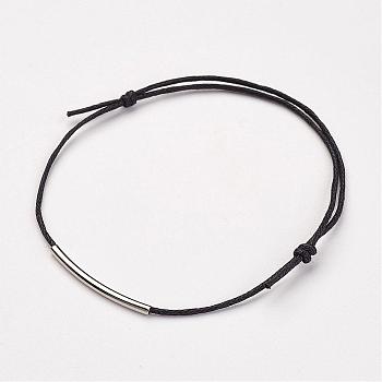 Waxed Cotton Cord Bracelets, with Brass Tube Beads, Black, 1-3/4 inch~3-3/8 inch(44.5~85mm)