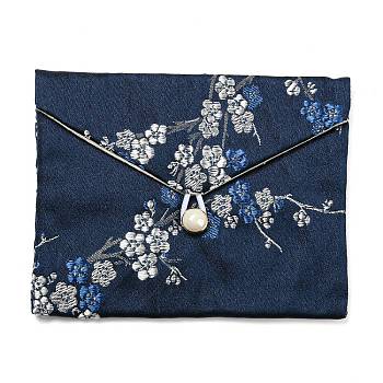 Chinese Style Floral Cloth Jewelry Storage Pouches, with Plastic Button, Rectangle Jewelry Gift Case for Bracelets, Earrings, Rings, Random Pattern, Midnight Blue, 9.5x12x0.3~0.7cm