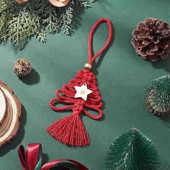 Cotton Christmas Trees Pendant Decoration, with Wood Star Charm, for Christmas Party Ornaments, Red, 185~195mm