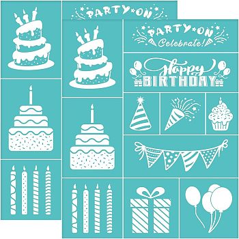 Self-Adhesive Silk Screen Printing Stencil, for Painting on Wood, DIY Decoration T-Shirt Fabric, Turquoise, Birthday Themed Pattern, 28x22cm