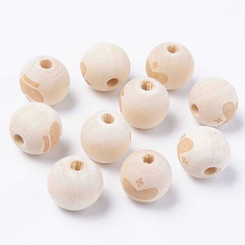 Unfinished Natural Wood European Beads, Large Hole Beads, for DIY Painting Craft, Laser Engraved Pattern, Round with Crown Pattern, Antique White, 16x14.5mm, Hole: 4mm