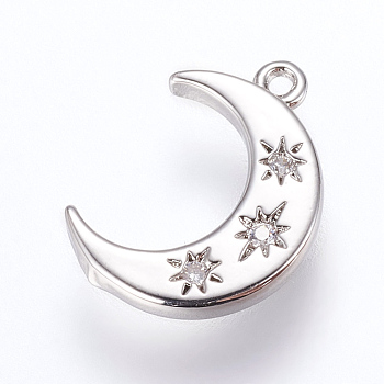 Brass Charms, with Cubic Zirconia, Moon, Platinum, 16x10x2mm, Hole: 1.2~1.5mm