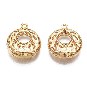 Brass Pendants, Hollow, Nickel Free, Flat Round, Real 18K Gold Plated, 20x17x6mm, Hole: 1.2mm