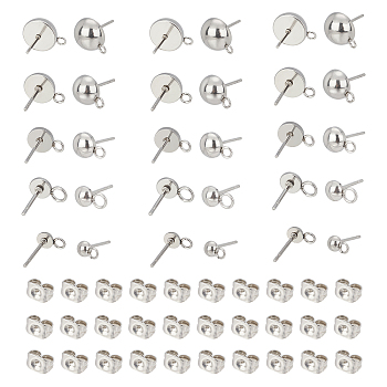 140Pcs 6 Style 202 Stainless Steel Stud Earring Findings, with Loop, Half Round, Stainless Steel Ear Nuts, Stainless Steel Color, 6.5~12.5x4~10mm, Hole: 1.5~2.5mm, Pin: 0.8mm, 14Pcs/style
