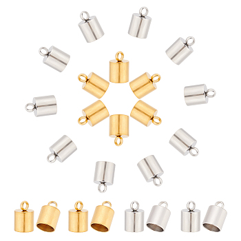 40Pcs 2 Color 304 Stainless Steel Cord Ends, Glue-in Style End Caps, Column, Golden & Stainless Steel Color, 10x6.5mm, Hole: 2.2mm, Inner Diameter: 6mm, 20Pcs/color
