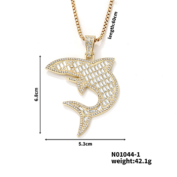 Alloy Rhinestones Shark Pendant Necklace, Hip-hop Style, Fashionable and Versatile, Crystal, 23.62 inch(60cm)