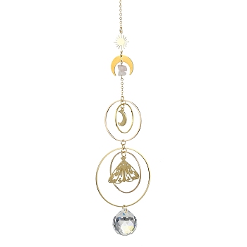 Natural Rose Quartz & Glass Pendant Decorations, with Brass & Stainless Steel Findings, Golden, 289mm