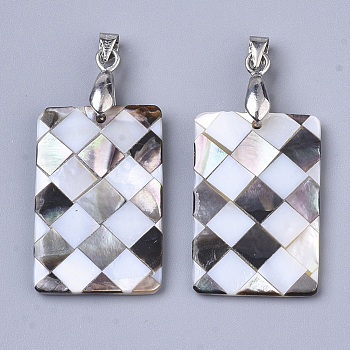 Single-Sided Natural Black Lip Shell and White Shell Pendants, with Platinum Plated Random Brass Pendant Bails and Freshwater Shell, Rectangle, White, 29~31x19~21x2~3mm, Hole: 5~8x3~4.5mm