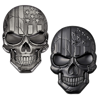 2Pcs 2 Colors Zinc Alloy Car Stickers, DIY Car Decorations, Skull, Mixed Color, 69x45x6mm, 1pc/color