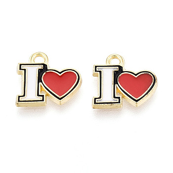Alloy Enamel Pendants, Letter I & Heart Charms, Golden, Red, 11.5x12.5x1.5mm, Hole: 1.4~1.5mm