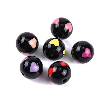 Printing Acrylic Bead, Round, Black, Heart, 15x15.5mm, Hole: 3mm, 229pcs/500g