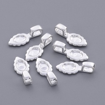 Brass Glue-on Flat Pad Bails, Leaf, Silver Color Plated, about 6.5mm wide, 16mm long, 1.5mm thick, hole: 3x2mm