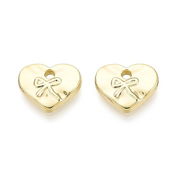 Rack Plating Alloy Pendants, Heart with Bowknot Charms, Cadmium Free & Lead Free, Light Gold, 10x12x2.5mm, Hole: 1.4mm