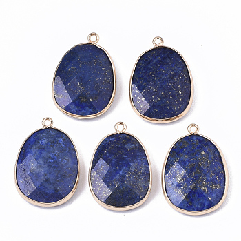 Natural Lapis Lazuli Pendants, with Golden Plated Edge Brass Findings, Nickel Free, Faceted, Oval, 25~26x17~18x5mm, Hole: 1.4mm