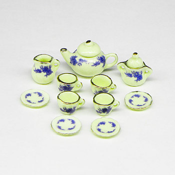 Porcelain Miniature Teapot Cup Set Ornaments, Micro Landscape Garden Dollhouse Accessories, Pretending Prop Decorations, Green Yellow, 20mm, 11Pcs/set