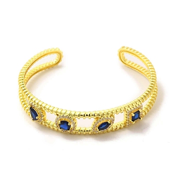 Square & Teardrop & Horse Eye Glass Open Cuff Bangle with Cubic Zirconia, Golden Brass Jewelry for Women, Medium Blue, Inner Diameter: 2x2-1/8 inch(5.1x5.35cm)