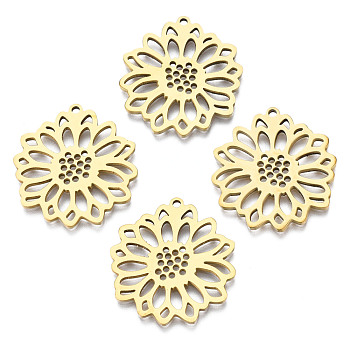 201 Stainless Steel Pendants, Flower, Real 18K Gold Plated, 26x25x1.5mm, Hole: 1.2mm