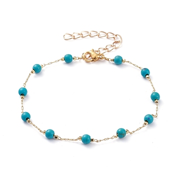 Round Synthetic Turquoise(Dyed) Beaded Bracelets, with Brass Cable Chains and 304 Stainless Steel Lobster Claw Clasps, Golden, Dark Cyan, 7-5/8 inch(19.3cm)