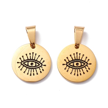 Ion Plating(IP) 304 Stainless Steel Enamel Pendants, Flat Round with Evil Eye Pattern, Golden, 22mm, Hole: 6mm