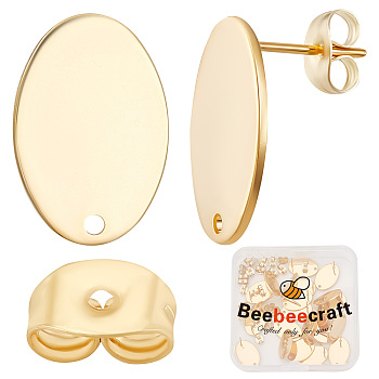30Pcs 201 Stainless Steel Stud Earring Findings, with 304 Stainless Steel Pin and Ear Nuts, Oval, Real 24K Gold Plated, 17.5x12mm, Hole: 1mm, Pin: 0.7mm
