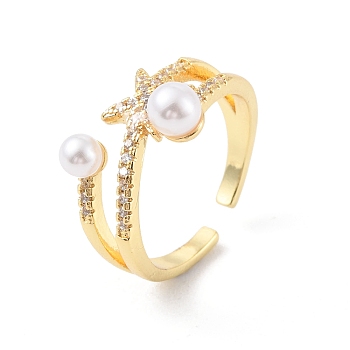 Clear Cubic Zirconia Star Open Cuff Ring with Plastic Pearl Beaded, Rack Plating Brass Jewelry for Women, Cadmium Free & Lead Free, Real 18K Gold Plated, US Size 7 1/4(17.5mm)
