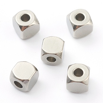 304 Stainless Steel Beads, Cube, Faceted, Stainless Steel Color, 5x5x5mm, Hole: 2mm