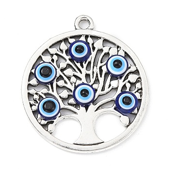 Alloy Pendants, Tree of Life with Resin Evil Eye Charms, Antique Silver, Flat Round, 38x34x5mm, Hole: 2.5mm