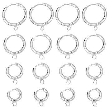 16Pcs 4 Sizes 201 Stainless Steel Huggie Hoop Earring Findings, with Horizontal Loop and 316 Surgical Stainless Steel Pin, Stainless Steel Color, 16~24x13.5~21x2.5mm, Hole: 2.5mm, Pin: 1mm, 4pcs/sizes