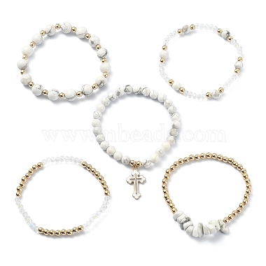 5Pcs 5 Style Natural Howlite & Synthetic Hematite & Glass Beaded Stretch Bracelets Set(BJEW-JB09425)-3