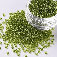 12/0 Glass Seed Beads, Silver Lined Round Hole, Round, Yellow Green, 12/0, 2mm, Hole: 1mm, about 3333pcs/50g, 50g/bag, 18bags/2pounds(SEED-US0003-2mm-24)