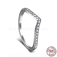 Rhodium Plated 925 Sterling Silver Micro Pave Cubic Zirconia Finger Ring for Women, V-Shaped, with 925 Stamp, Real Platinum Plated, Clear, 1.3~4.5mm, US Size 7(17.3mm)(RJEW-F150-15B-01P)