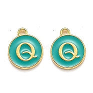 Golden Plated Alloy Enamel Charms, Enamelled Sequins, Flat Round with Alphabet, Letter.Q, Green, 14x12x2mm, Hole: 1.5mm(ENAM-Q437-15Q)